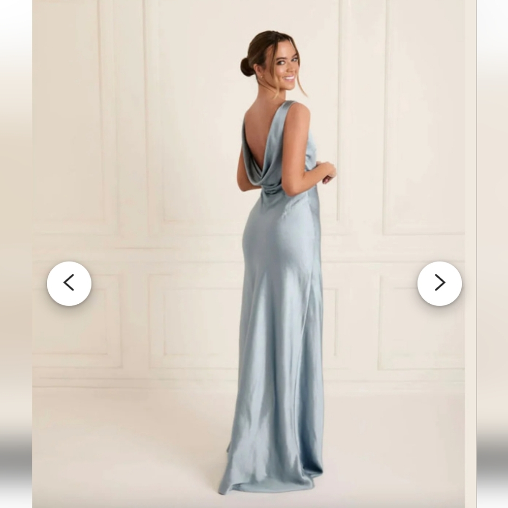 Dusty Blue Cowl Back Satin Bridesmaid Dress, Floor Length, Six Stories